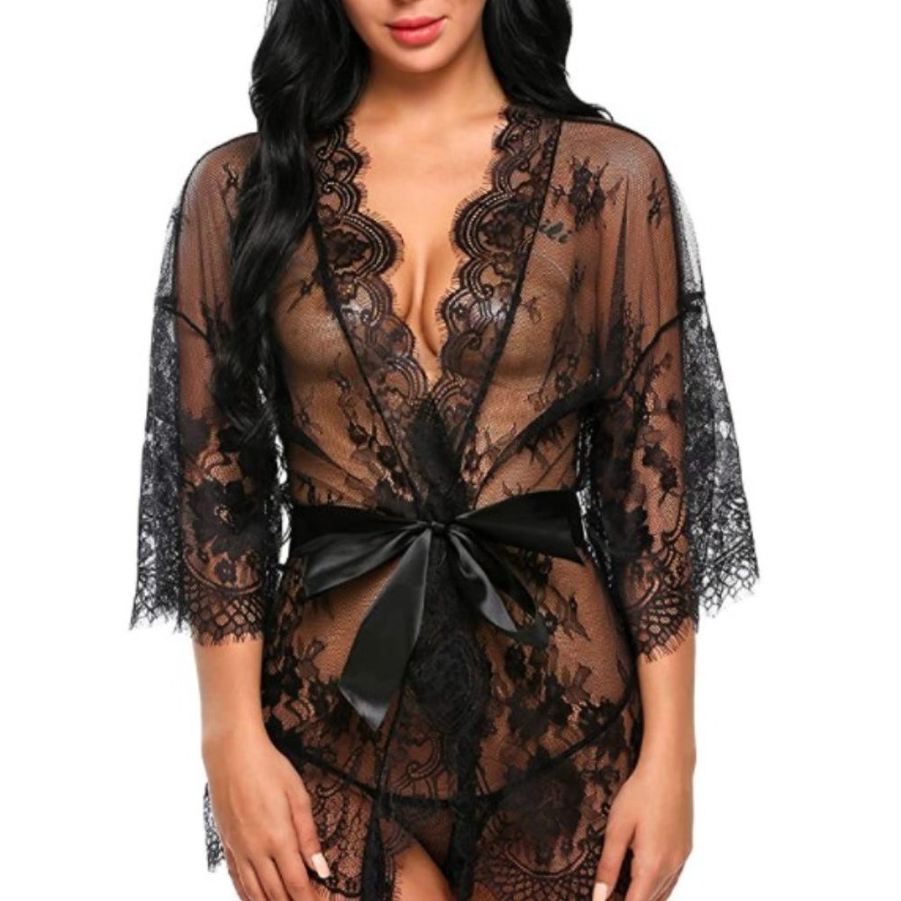 Women's Black Lace Mesh Floral Lingerie Bikini Cover Up Nightgown Kimono Robe